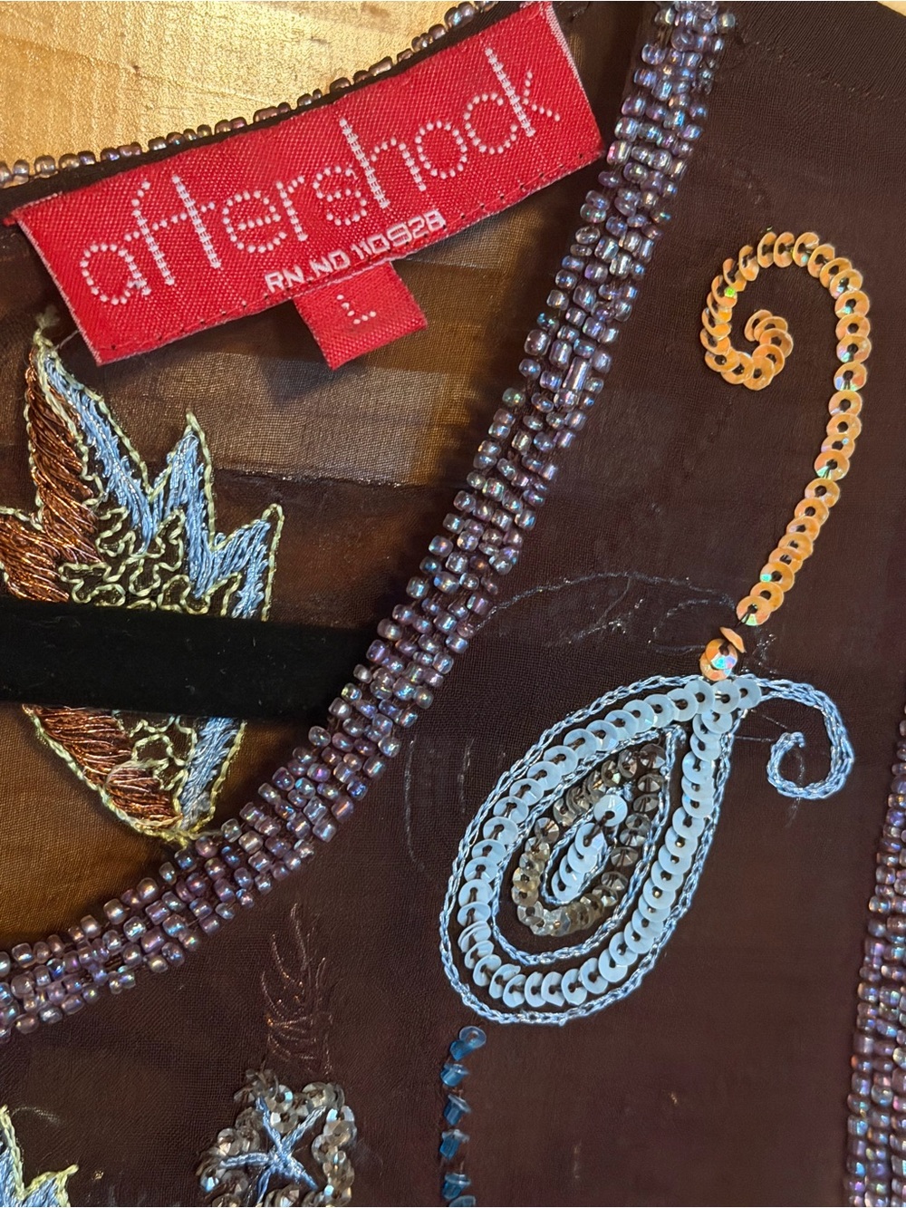 Aftershock Brown Beaded & Embroidered Floral Paisley Silk Top Size Large - Picture 4 of 6